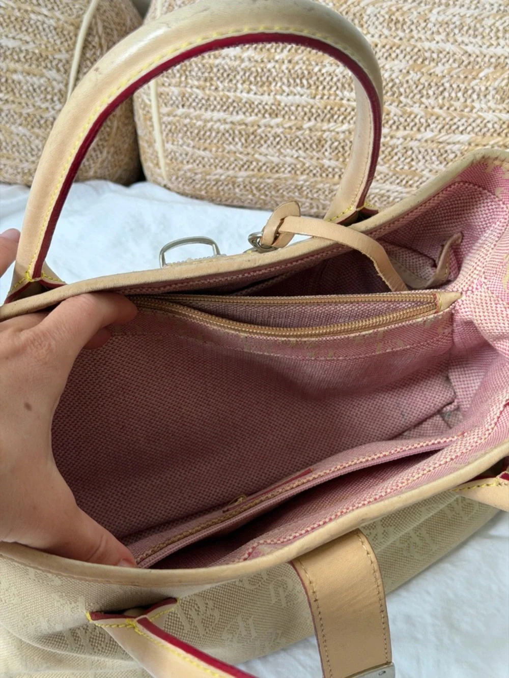 Dooney&Bourke Signature Canvas Satchel Handbag Beige Vachetta Leather Trim Vtg